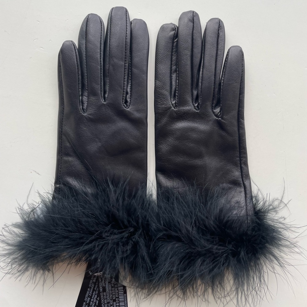 Zara genuine leather gloves with feather trim